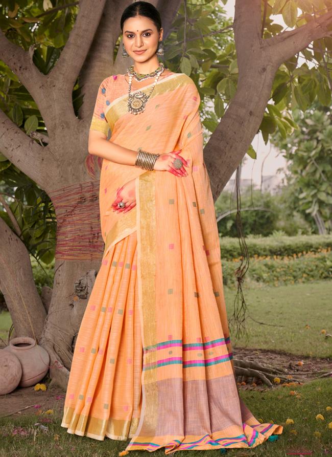 Cotton Orange Casual Wear Printed Saree